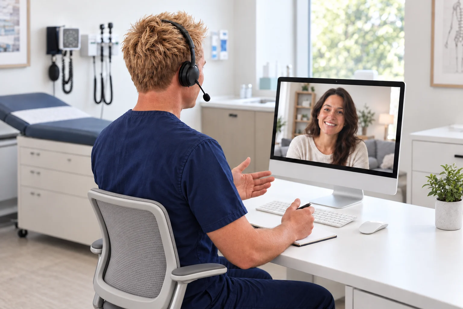 Dr Ben sitting upright in a medical consulting room during a video consultation