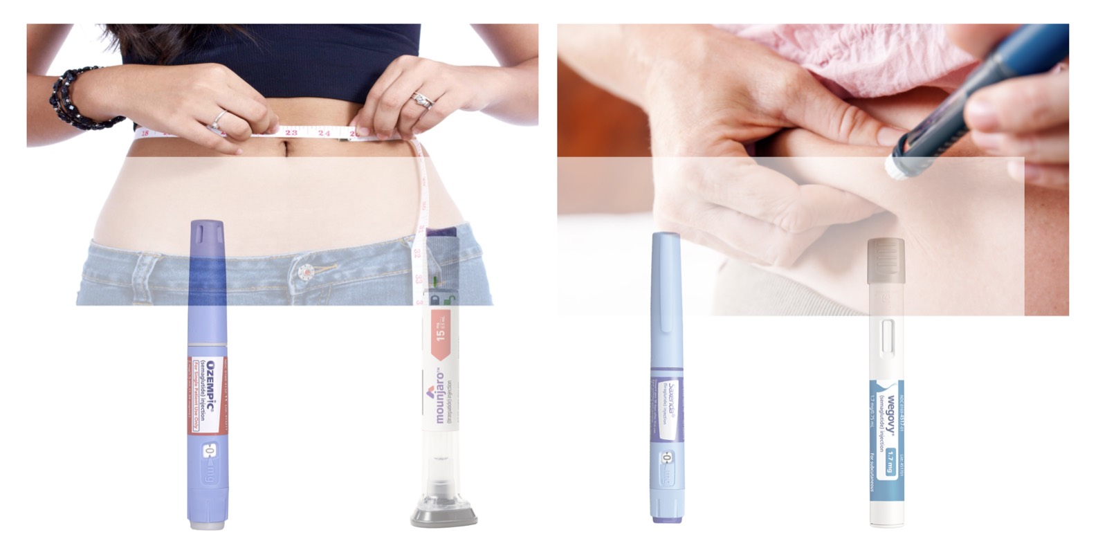 Weight-management treatment collage showing waist measurement, injection and prescription medicine pens