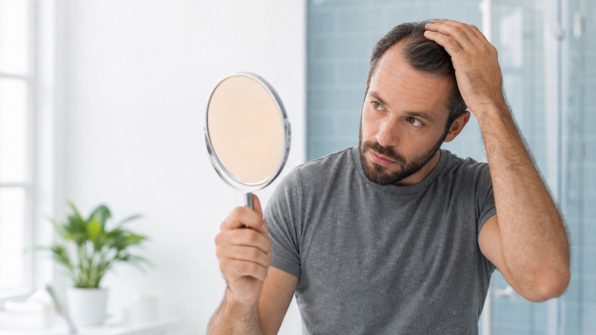 Man checking the density of his hair