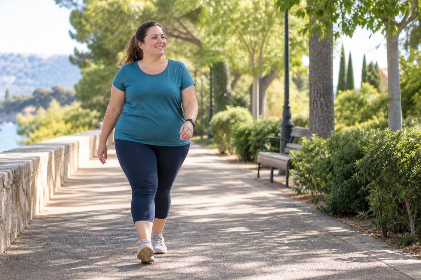 Mujer caminando como parte de un plan saludable de pérdida de peso